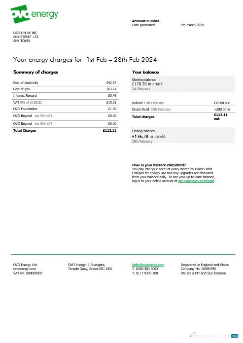 United Kingdom Ovo Energy electricity business utility bill, Word and PDF template